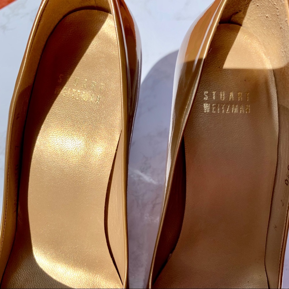 Stuart Weitzman 7 N Gold Platform Peeptoe Pumps - image 6